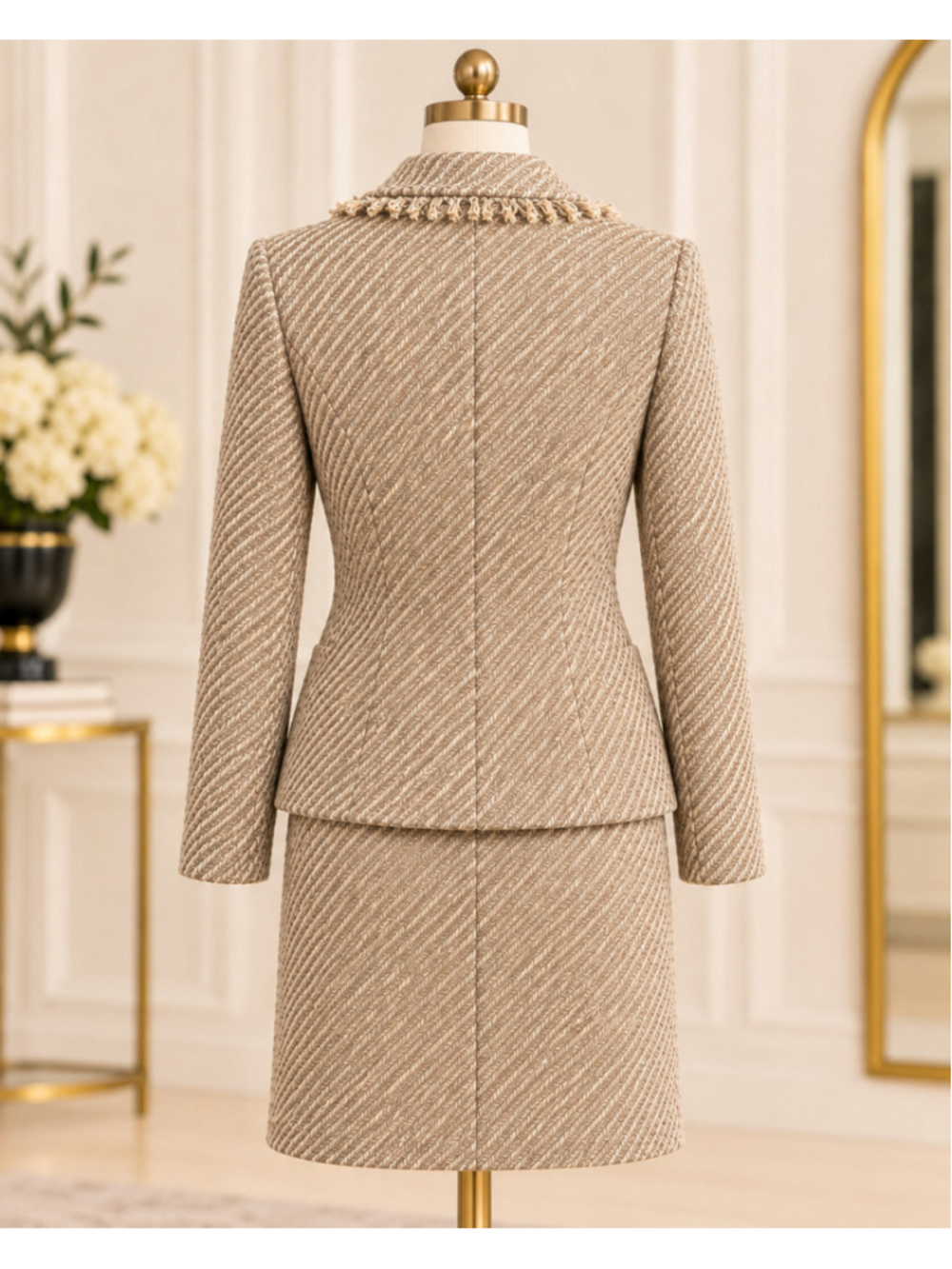 Women's Anne Klein Tweed Skirt Suit Size 6 Beige White Fringe Trim - Picture 5 of 8